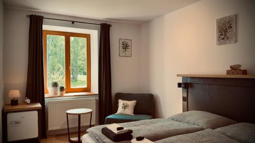 a bedroom with a bed and a chair and a window at Penzion Jiřičná in Jiřičná