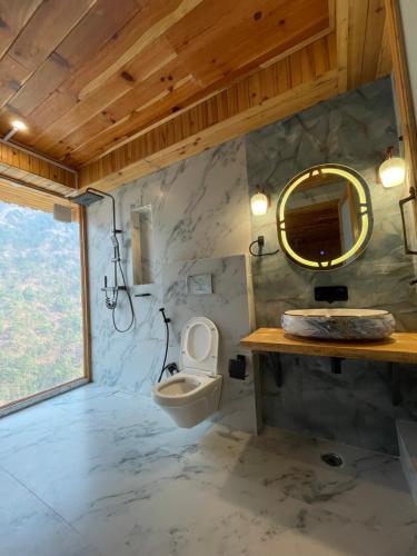 a bathroom with a toilet and a mirror at Tirthan Chalet in Kulu