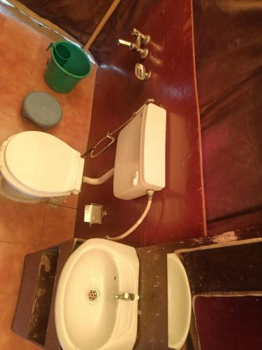 a bathroom with a toilet and a green bucket at Town Front Camping in Leh
