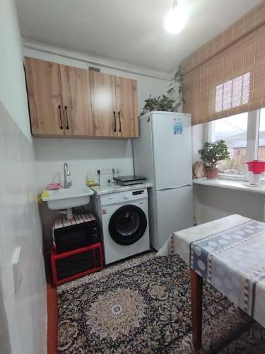 a small kitchen with a washing machine and a sink at DADOW Apartments in Naryn