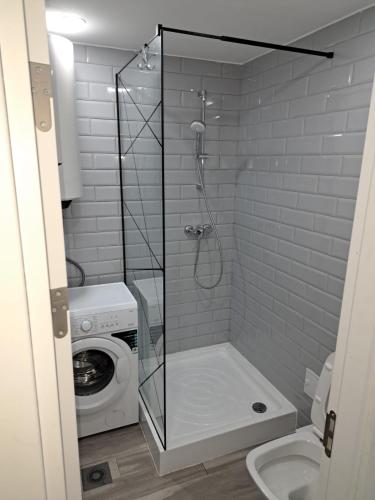 a shower stall in a bathroom with a washing machine at Olimp Sea View Studio in Olimp