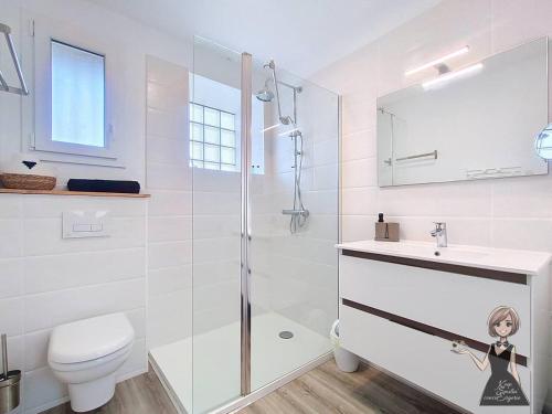 a bathroom with a shower and a sink and a toilet at La petite Maison Rouge in Igon