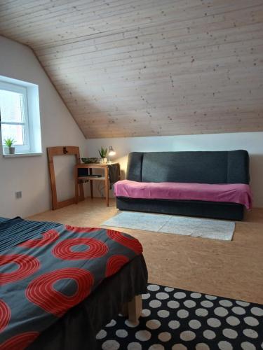 a bedroom with a bed and a couch in a attic at Chalupa Nad Hladinou in Teplice nad Metují