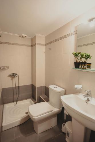 a bathroom with a toilet and a sink and a tub at Almy Sea Apartment in Karistos