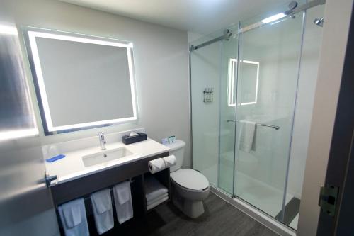 a bathroom with a toilet and a sink and a shower at Holiday Inn Express & Suites Cocoa by IHG in Cocoa