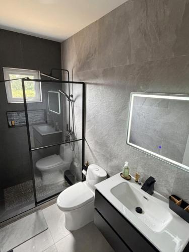 a bathroom with a white toilet and a sink at Petit Paradise in Noord