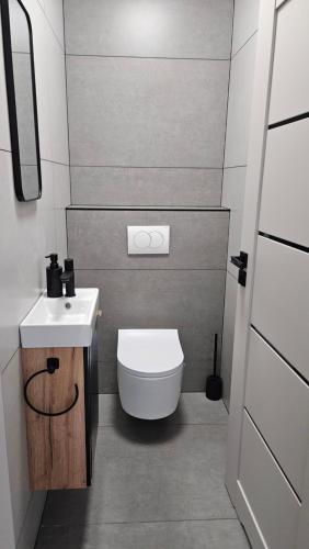 a small bathroom with a toilet and a sink at Apartman Bartimej 2 in Bobrów