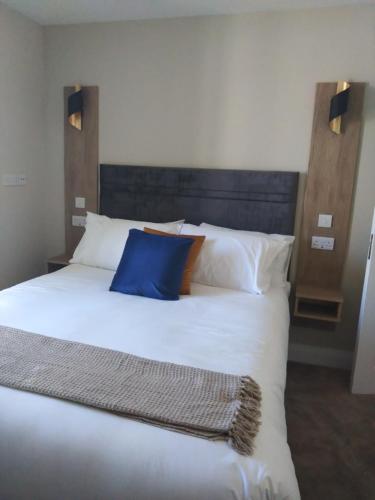 a large white bed with a blue pillow on it at Codladh Sámh Apartment No 1 in Templemore