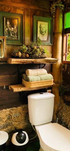 a bathroom with a white toilet in a room at Aldea Victoria EcoRefugio in Medellín
