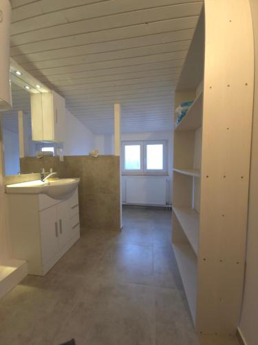 an empty kitchen with a sink and a shelf at Apartment Učka Home in Tuliševica