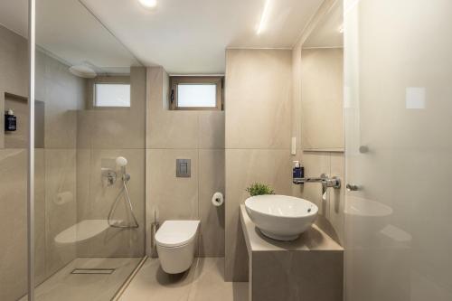 a bathroom with a toilet and a sink and a shower at Stephanos Hotel Apartments in Polis Chrysochous