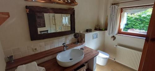 a bathroom with a white sink and a mirror at Geschmackvolles Zimmer in Steinhude in Wunstorf