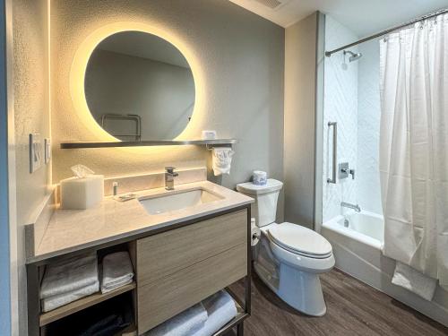 a bathroom with a sink and a toilet and a mirror at TownePlace Suites by Marriott Ridgecrest in Ridgecrest