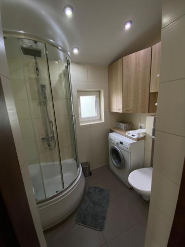 a bathroom with a shower and a toilet and a sink at Mazurski Dom Rodzinny in Pisz