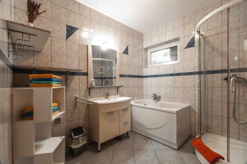 a bathroom with a sink and a shower and a toilet at Apartments Čebelica in Bohinj