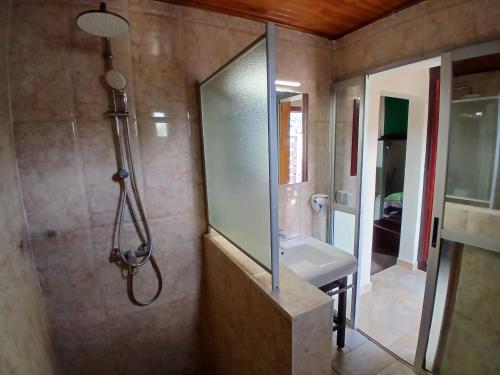 a bathroom with a shower and a sink and a mirror at Hotel Palm Rock Beach in San-Pédro