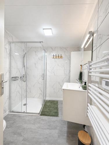 a white bathroom with a shower and a sink at " Loutrein Lodge " Centre ville - Entrée autonome - Wifi in Saint-Girons