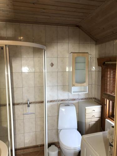 a small bathroom with a toilet and a sink at Timber cabin, centrally located in Bodø in Bodø