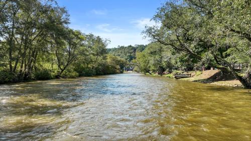 a river with trees on either side of it at A Rivers Edge in Mineral Bluff