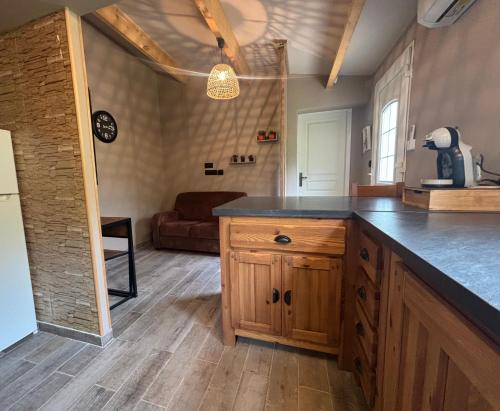 a kitchen with a counter and a living room at A fontanille in Magalas