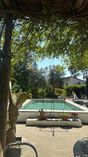 a swimming pool with a swing in front of it at Casa Melissa in Santo António do Baldio