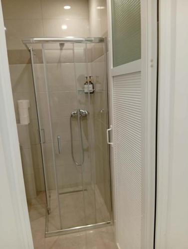 a shower with a glass door in a bathroom at Casa al'tati studio 27 in Ialysos