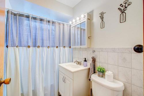 a bathroom with a white toilet and a sink at King Bed • 2BR • Sleeps 13 • Historic Location in Elmwood Park