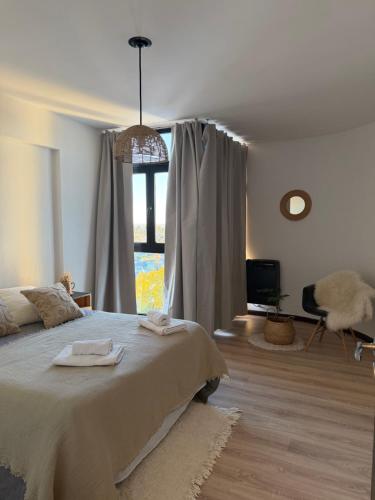 a bedroom with a large bed and a large window at Los Recoletos in Villa Mercedes