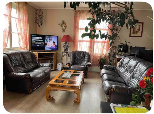 a living room with leather couches and a coffee table at Chambre à deux pas de Beauval in Montrichard