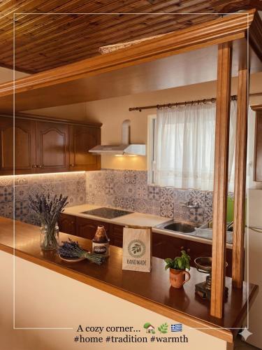a kitchen with wooden cabinets and a counter top at Thanasis house in Dimitsana