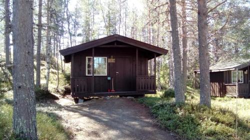 a small cabin in the woods with trees at Sæteråsen Hytter & Camping Trysil in Trysil