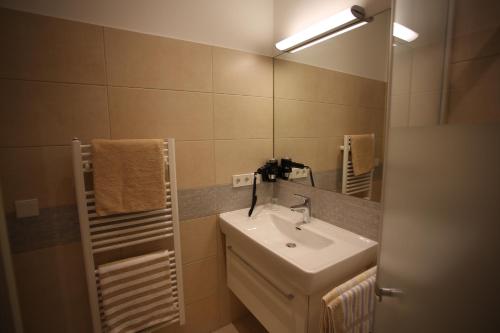 a bathroom with a sink and a mirror at Gasthof Alpenblick in Amstetten
