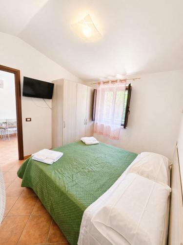 a bedroom with a large bed with a green blanket at B&B MULA Germaneto in Santa Maria