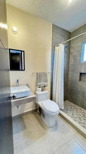 a bathroom with a toilet and a sink and a shower at Casa completa y equipada in Saucillo de la Joya