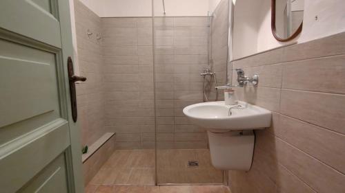 a white bathroom with a sink and a shower at Chalupa u Libuše in Lultsch