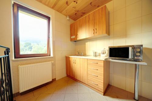 a small kitchen with a microwave and a window at Noclegi Pod Orlikiem CENTRUM in Ustrzyki Dolne