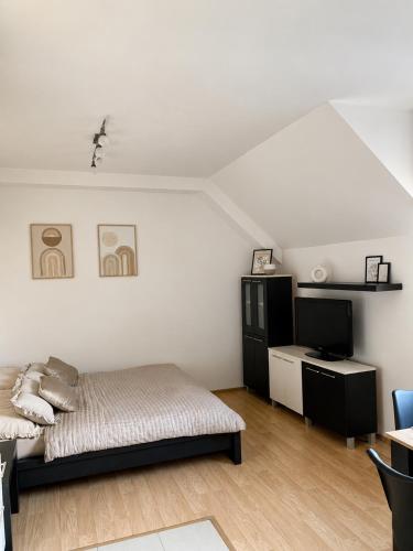 a bedroom with a bed and a desk and a tv at Kamzík Apartment 64 Donovaly - hneď pri lanovke a atrakciách Donovalkovo, Fun arena - Apartment near the cable car and attractions in Donovaly