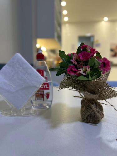 a vase of flowers on a table with a bottle of coke at Hotel Moriah in Umuarama
