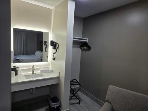 a bathroom with a sink and a mirror and a bed at Red Roof Inn Green Brook - Somerset in Green Brook