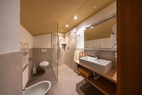 a bathroom with a sink and a toilet and a mirror at JOHAN - Rooms & Breakfast Merano in Marlengo