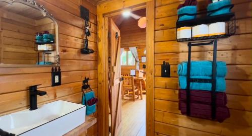a bathroom with a sink and a mirror at Katie's Cozy Cabins in Tombstone
