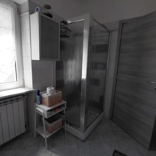 a shower with a glass door in a bathroom at L'albero del druido in Villastellone