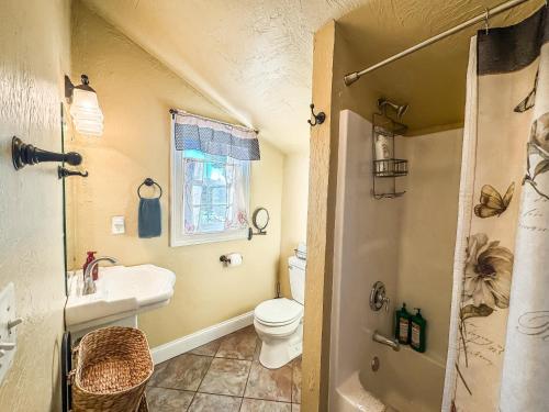 a bathroom with a toilet and a sink at New: Charming and Cozy Great Value in Swanton