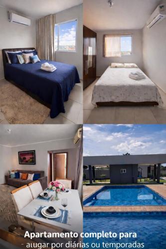 a collage of three pictures of a bedroom and a pool at Brisas do Lago 2 Quartos in Palmas