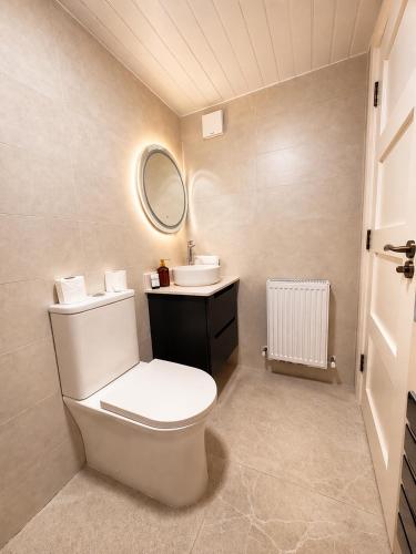 a bathroom with a white toilet and a sink at The Hillcrest, Luxury Accommodation in Castleblayney Town in Castleblayney