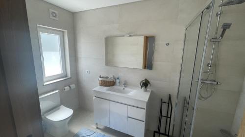 ein Badezimmer mit Toilette, Waschbecken und Dusche in der Unterkunft Quinta do Plaino in Mões