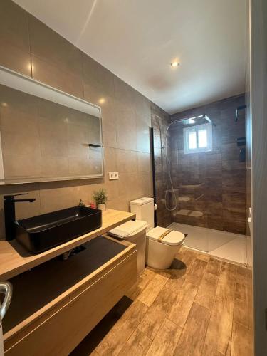 a bathroom with a toilet and a sink and a shower at Chalet Escapada in Seville