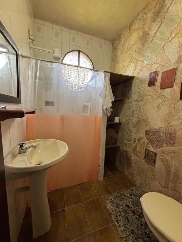 a bathroom with a sink and a shower and a toilet at Cozy Farmhouse with Pool in Bom Jardim in Bom Jardim