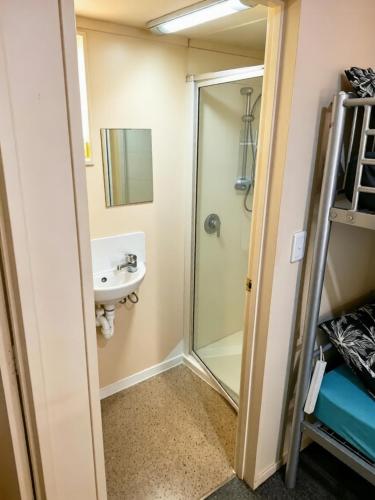 a bathroom with a shower and a sink at Eco Lodge Pakowhai in Hastings