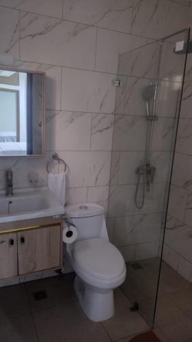 a bathroom with a toilet and a shower and a sink at Johanna 1 in Los Tres Ojos de Agua